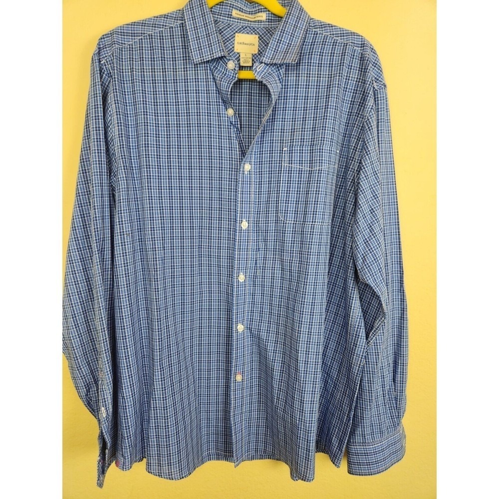 GH Bass Mens Large Blue White Check Button Down Shirt Premium Monogram Series L